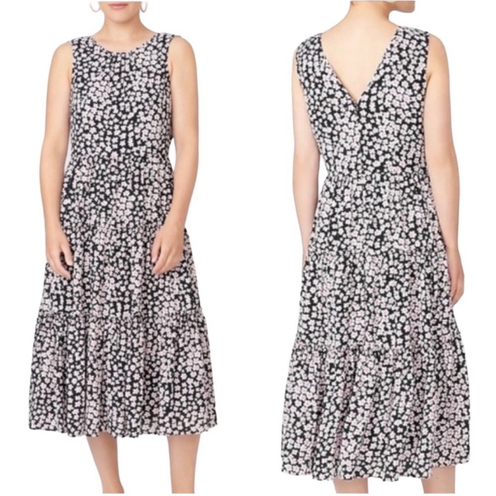 Like new J Crew black, pink, and white floral midi dress